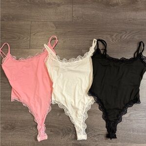 Lace Trim Bodysuit Set - Pink, White, Black
